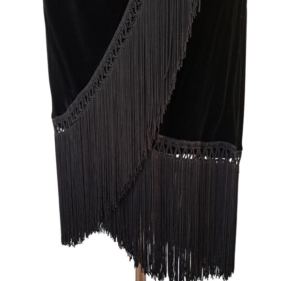 Kenneth Cole Black Velvet Fringe Midi Skirt Size 8 Dance Dressy Artsy Faux Wrap - Picture 3 of 9